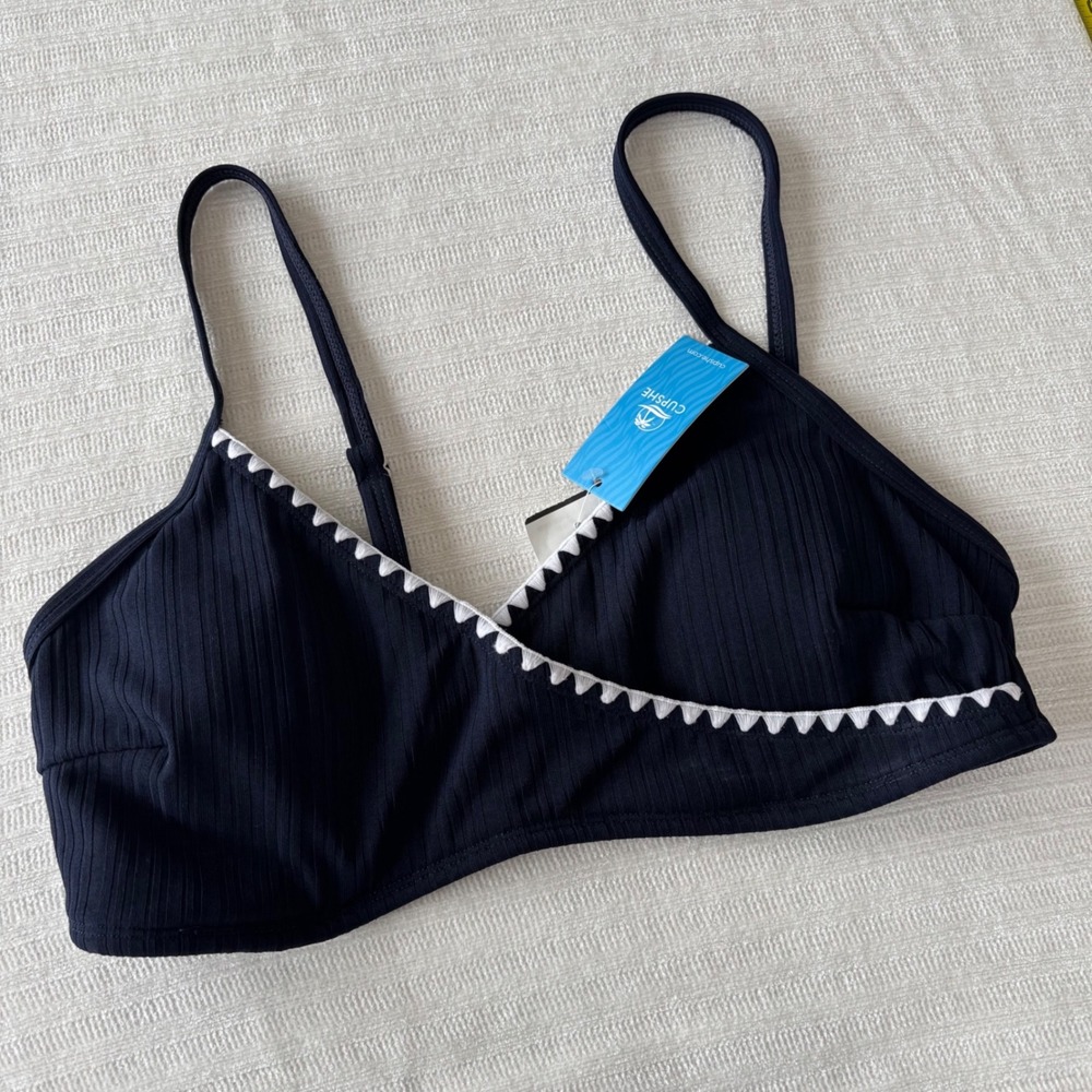 Cupshe Navy Blue Ribbed Wrap Bikini Top White Scallop Trim CAA12C4G128UC Large
